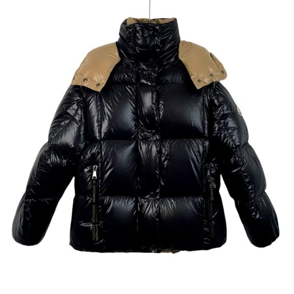 Moncler Black & Tan Hooded Down Puffer Jacket With Logo Patch - Picture 1 of 8
